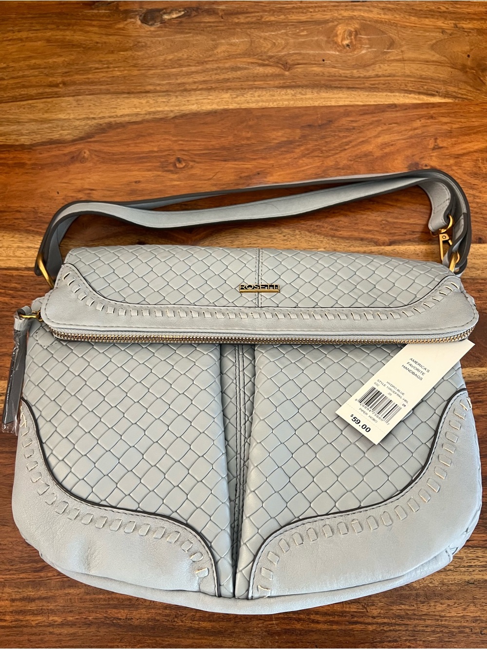 Rosetti Pale Blue Gray Woven Shoulder Bag with Gold Hardware